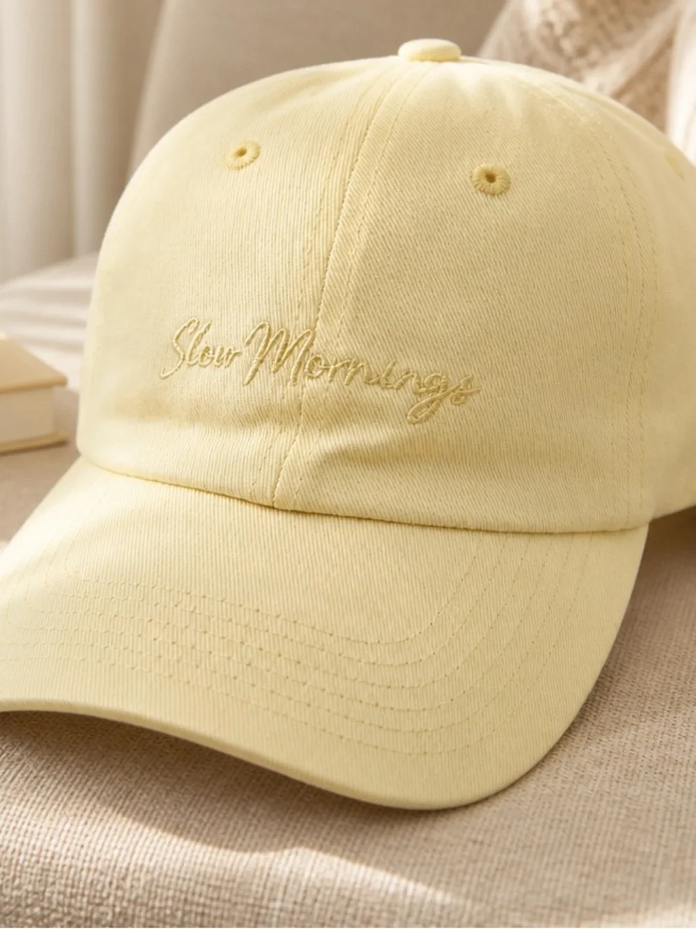 NWT Women’s Pale Yellow Embroidered “Slow Mornings” Baseball Cap Adjust Strap